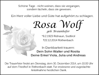 Traueranzeige von Rosa Wolf von Pegnitz-Zeitung